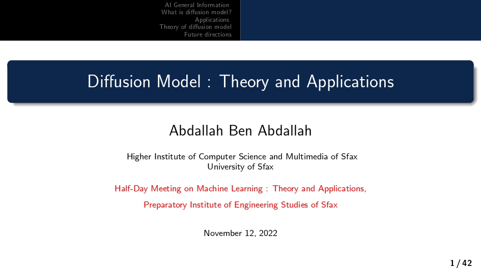 Abdella97653883's tweet image. I am interested in this period by the #diffusion_model! It is an extremely important #generative_model and has many industrial applications! Here is my presentation during the half-day organized by the #Preparatory_Institute_of_Engineering_Studeis_of_Sfax on November 12, 2022.