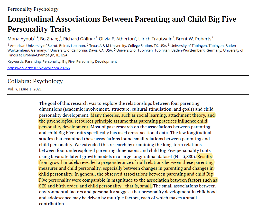 SteveStuWill's tweet photo. Parenting practices seem to have little or no impact on children's personalities, contrary to some of the best-known theories in psychology. (Longitudinal study; N = 3,880) https://t.co/c1r63lWjiC https://t.co/P9jUExIYbR