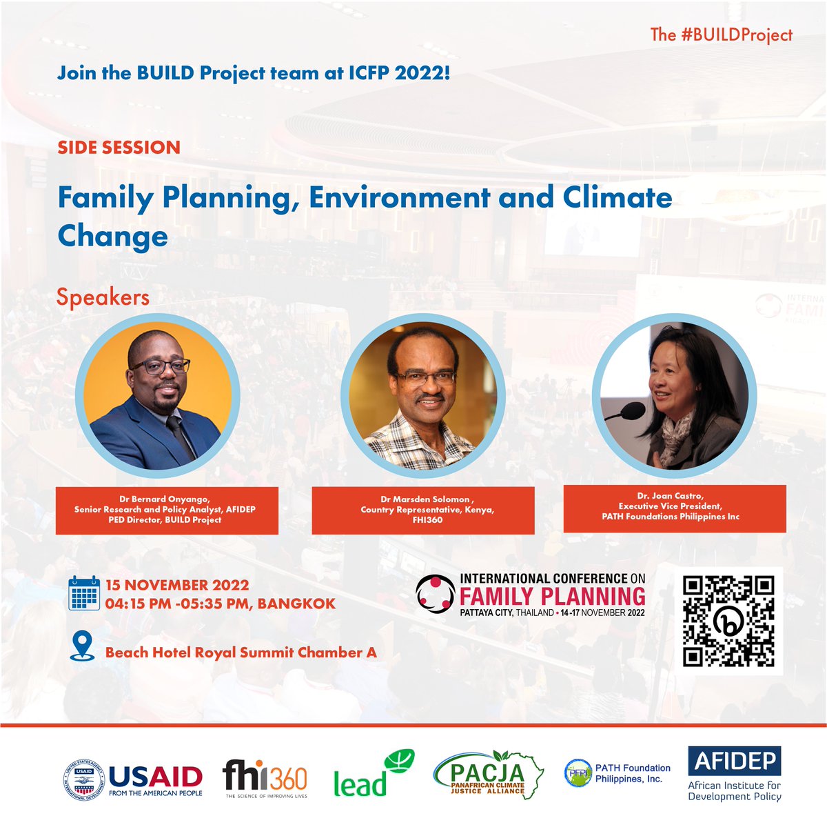 Afidep's tweet photo. Catch the #BUILDProject speakers at @ICFP2022 session on #FamilyPlanning, #Environment and #ClimateChange.
15 November 2022
4:15PM - 5:35PM Bangkok,
Beach Hotel Royal Summit Chamber
Session link https://t.co/5qpzQCFeor
#PEDAction #ICFP2022 #PowerofFP #FPforALL https://t.co/63N1VzaJIh