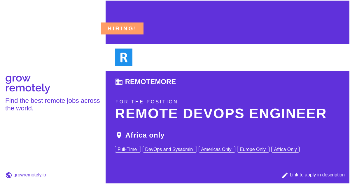 growremotelyio's tweet photo. Check out this job at RemoteMore for the position Remote DevOps Engineer.
Apply link: https://t.co/wBAAlH2jn8
#hiring #remotejobs #RemoteMore #Programming https://t.co/jskMWb21hv