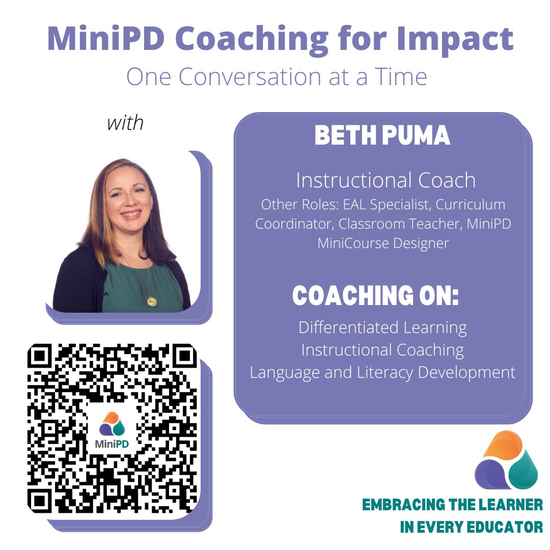 MyMiniPD's tweet photo. We are so grateful for #MiniPDCoaches like @beth_puma!
🍎Learn with Beth
💻 in her asynchronous #MiniCourses on #Multilingual Classroom Practices: https://t.co/kpXPJiqypa
👥 in a one-on-one virtual coaching session: https://t.co/z2ODIKnB3y
#ThanksCoach #EduCoach #InstCoach https://t.co/vrqoRyEc0B
