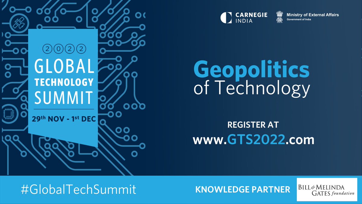 BMGFIndia's tweet image. 🚨New Event alert! 🚨
We are excited to be associated with @CarnegieIndia&apos;s 7th #GlobalTechSummit as a knowledge partner. This summit will bring together stakeholders to discuss crucial questions around #TechnologyPolicy. Register now! gts2022.com