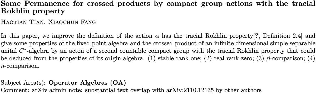 arxiv.org/abs/2211.07397…
H Tian, X Fang
Some Permanence for crossed products by compact group actions with the
  tracial Rokhlin property