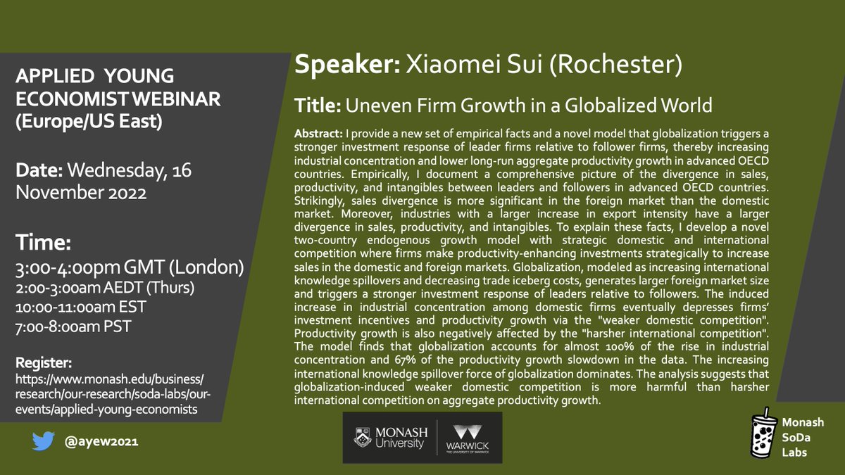 Applied Young Economist Webinar (@ayew2021) on Twitter photo TOMORROW (16 November) on Applied Young Economist Webinar
Join us at 3pm GMT (2am AEDT Thurs) to listen to Xiaomei Sui (<a href="/UofR/">University of Rochester</a>)
Sign up for Zoom details: monash.edu/business/resea… TOMORROW (16 November) on Applied Young Economist Webinar
Join us at 3pm GMT (2am AEDT Thurs) to listen to Xiaomei Sui (<a href="/UofR/">University of Rochester</a>)
Sign up for Zoom details: monash.edu/business/resea…