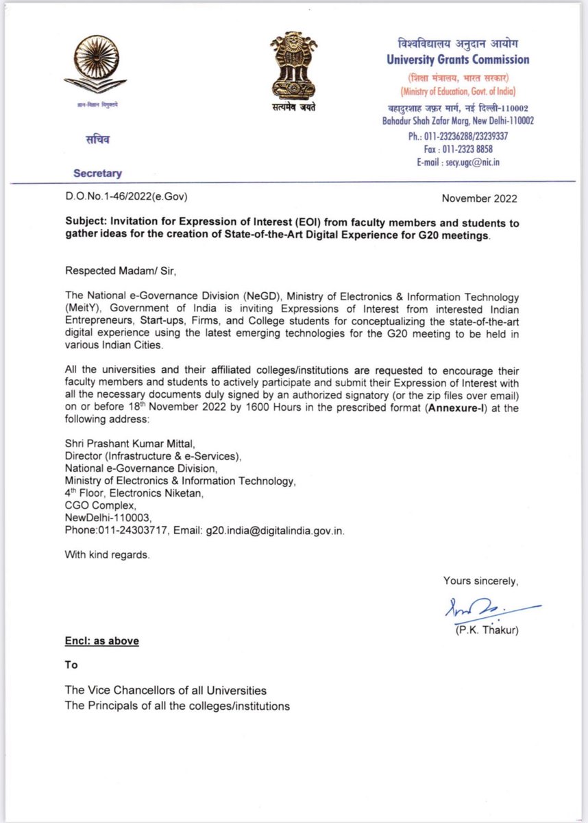 ugc_india's tweet photo. UGC letter regarding: 
lnvitation for Expression of lnterest (Eol) from faculty members and students to gather ideas for the creation of State-of-the-Art Digital Experience for G20 meetings.
For more details:
https://t.co/EoUmWqluVu

@PMOIndia @EduMinOfIndia 
@GoI_MeitY https://t.co/kE3APYtIvX