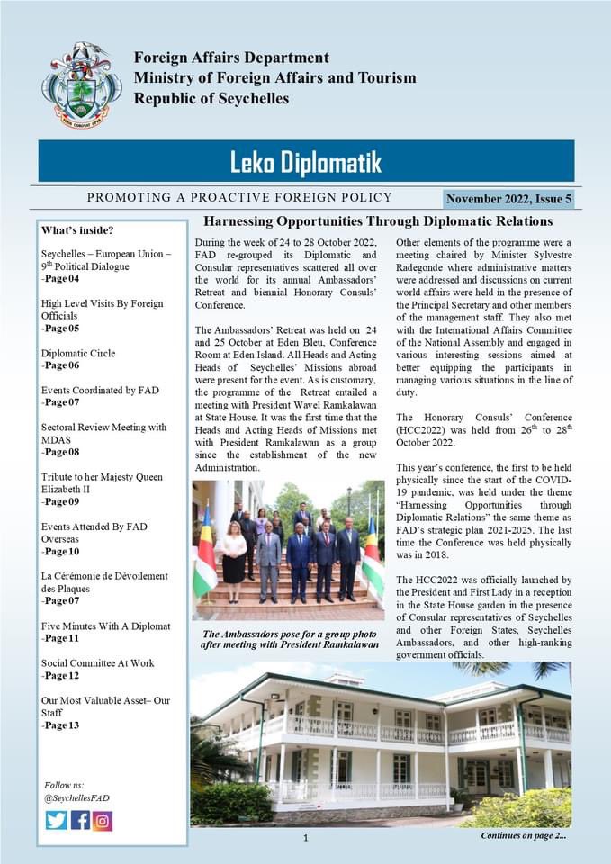 SeychellesFAD's tweet photo. The 5th edition of the Foreign Affairs Department newsletter - Leko Diplomatik is out now! 
Click on the link below to view:  https://t.co/zJ1I4FbGmc
Enjoy the read 🤗 https://t.co/oKv3faibeY