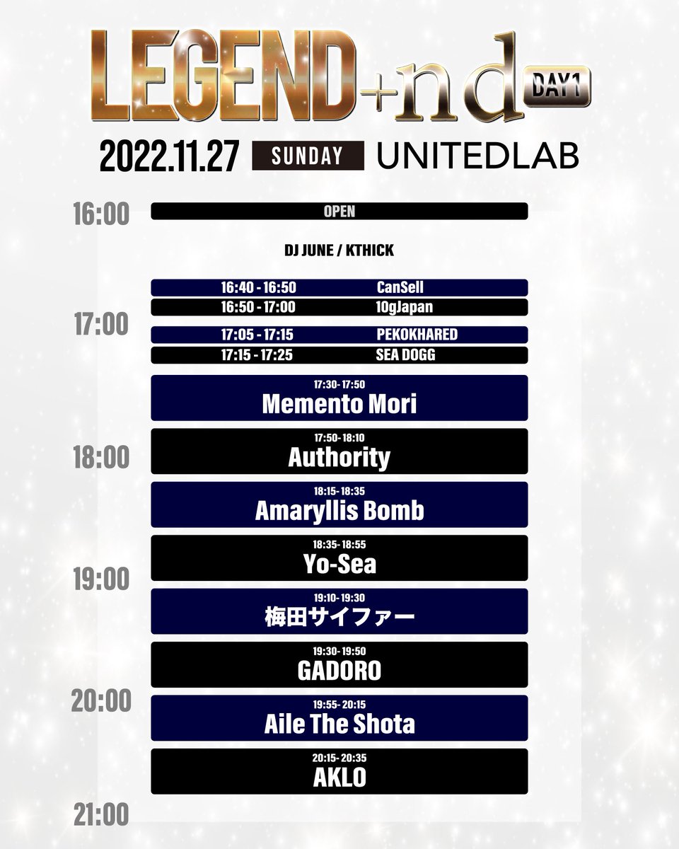 DON_NOKYD's tweet photo. 11/27 LEGEND+nd DAY1
⌚️タイムテーブル公開⌚️
残り12日
チケット好評発売中
お待ちしております、祭、祭
#AKLO
#梅田サイファー
#AileTheShota
#GADORO
#YoSea
#Authority
#AmaryllisBomb
#MementoMori
#PEKOKHARED
#SEADOGG
#10gJapan
#CanSell
#JUNE
#KTHICK
https://t.co/NVNGr3XDn8 https://t.co/QvFxonrIPL