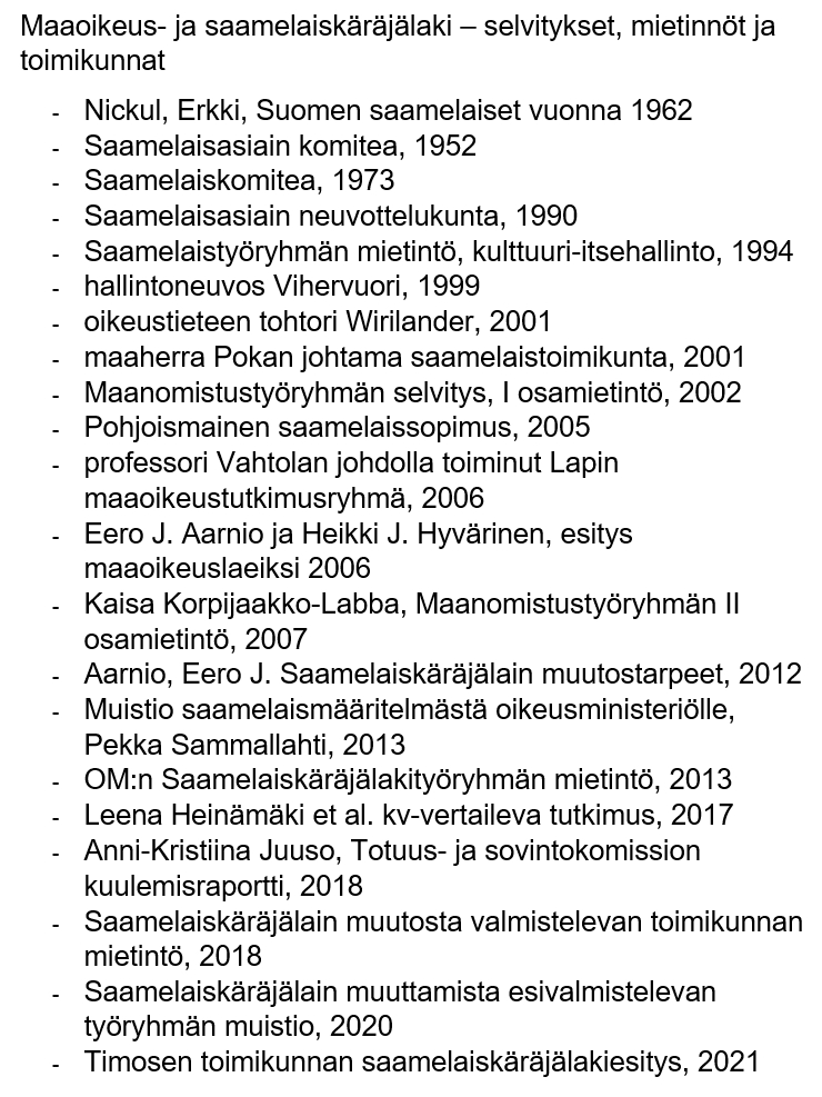 Ennenkuin joku (<a href="/keskusta/">Suomen Keskusta</a>? <a href="/kurvisentwiit/">Antti Kurvinen</a> ) esittää #saamelaiskäräjälaki -esityksen takia lisäselvityksiä. Voisi vilkaista aihepiirin aiempia selvityksiä, joista eräät keskeiset on listattuna tässä. Muitakin saamelaisia koskevia selvityksiä on runsaasti.

Asiaa on siis selvitetty