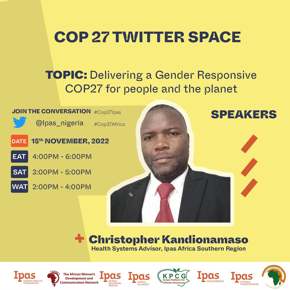 IpasMoz's tweet photo. ⚡️Join us on Space, TODAY!
📖 TOPIC: Delivering a Gender Responsive #COP27 for people and the people.
Meet our speakers:
🗣️ Christopher Kandionamaso (@Christo85867188 )
🗣️ Casimira Pereira (@casimirapereira)
🗣️ Anne Tek (@anne_tek )
🗣️ Anne Songole
#COP27Ipas
#COP27Africa https://t.co/Rwm1kTDL0b