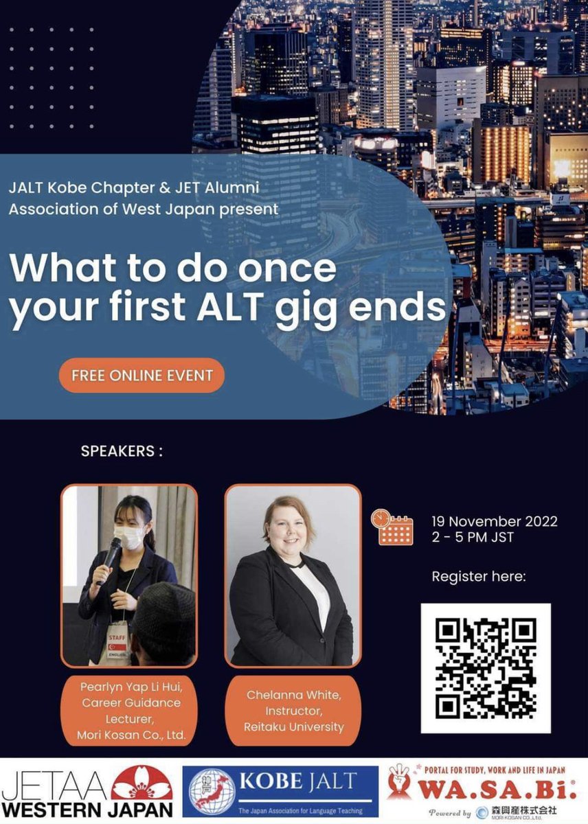 Kobe JALT and the JETAA of Western Japan present useful information to those who want to transition from working as ALTs to working for companies in Japan or teaching English at the university level in Japan.
To register: forms.gle/cziv8AmL8UfvXW…
Info: jalt.org/event/kobe/22-…