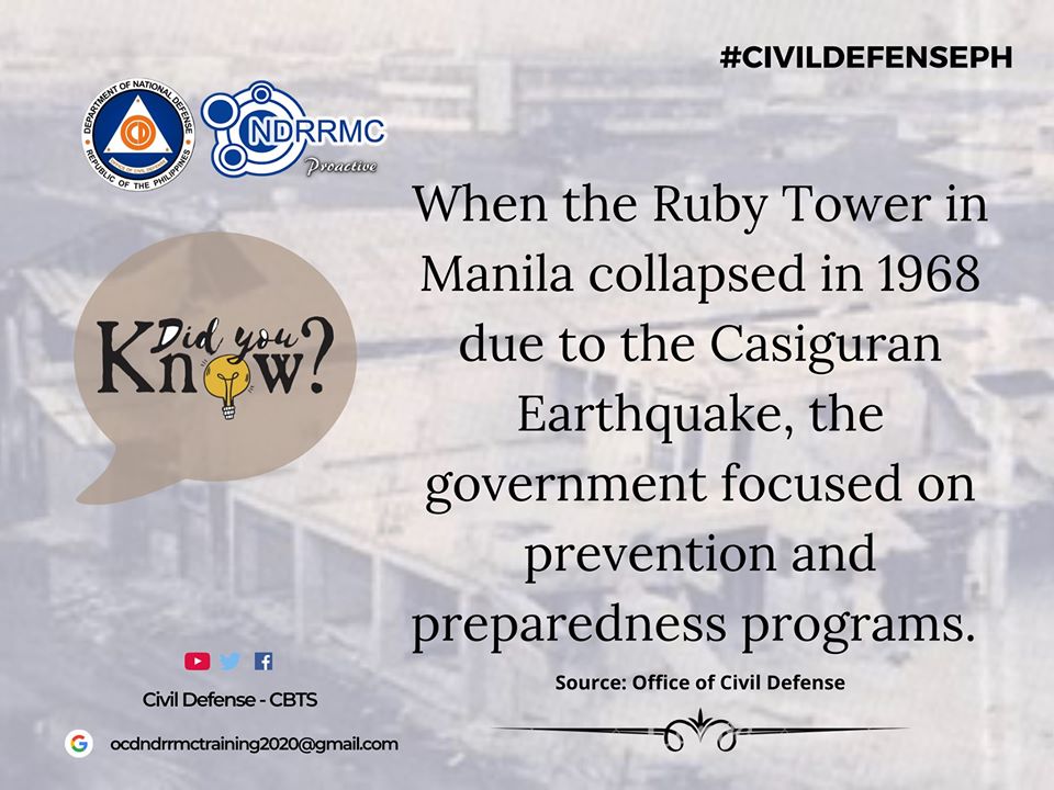 CivilDefenseR12's tweet photo. Have a beautiful Tuesday!
Here's our trivia for this week!

DID YOU KNOW?
When the Ruby Tower in Manila collapsed in 1968 due to the Casiguran Earthquake, the government focused on prevention and preparedness programs.

Source: Office of Civil Defense
#OCD12 #CivilDefensePH https://t.co/WyqBa4JHPD