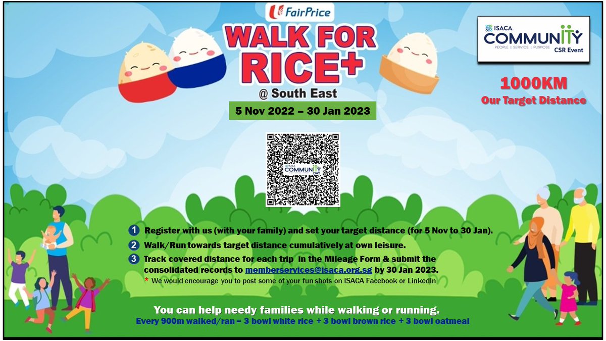 ISACA Singapore (@isacasg) on Twitter photo Walk-for-Rice Campaign 5 Nov 2022 - 30 Jan 2023
Please join us in this CSR event. 
Simply click on the link : tinyurl.com/3s3zyvhy to get more information and to register. Walk-for-Rice Campaign 5 Nov 2022 - 30 Jan 2023
Please join us in this CSR event. 
Simply click on the link : tinyurl.com/3s3zyvhy to get more information and to register.