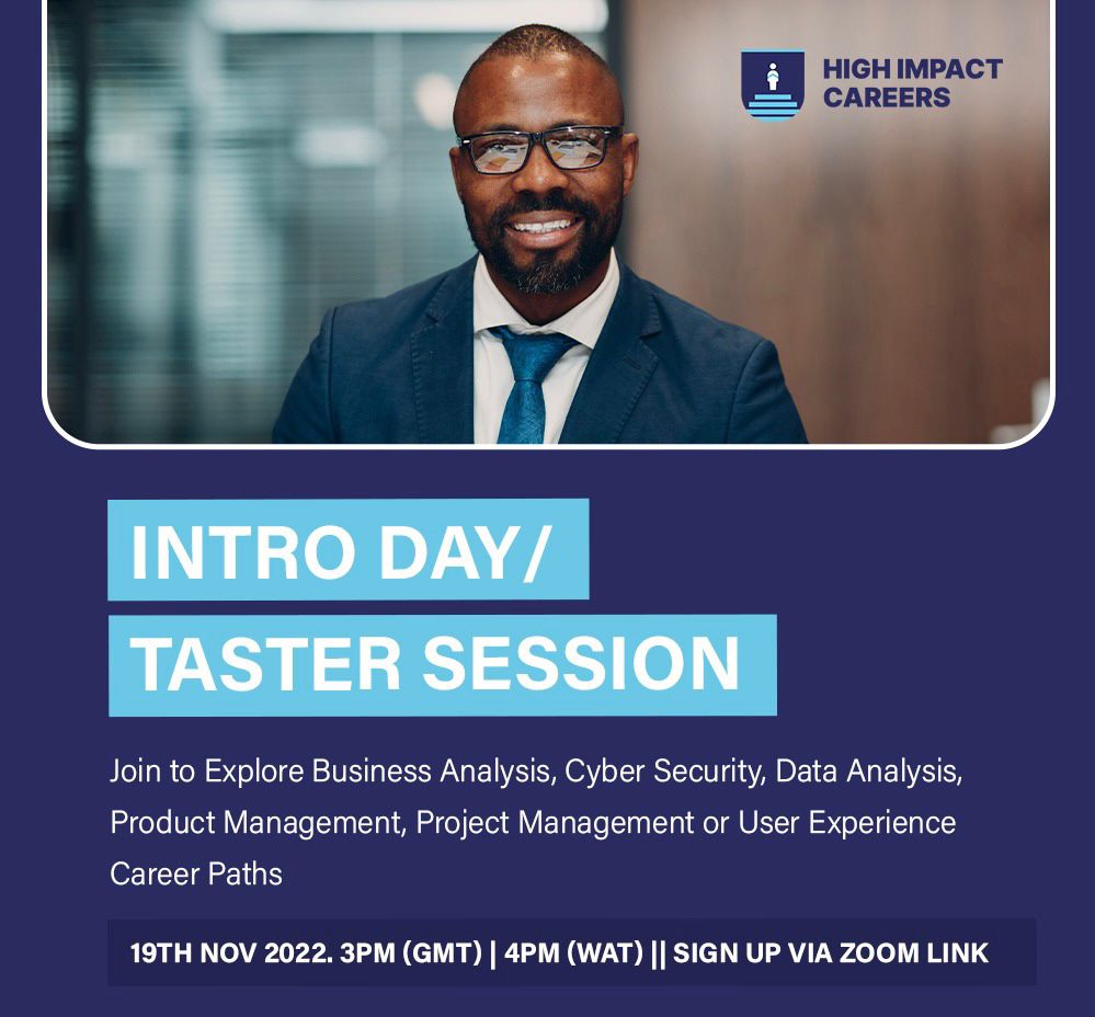 HighImpact01's tweet photo. Join our Intro Day/Taster Session on Saturday 19th November, 2022 at 3pm (GMT), to discover the amazing learning experiences we have planned for our Bootcamp in January 2023. Sign up via this link: https://t.co/eqWsVpdnOd #Tech #Bootcamp #HighImpactCareers https://t.co/5rE2xzIBHf