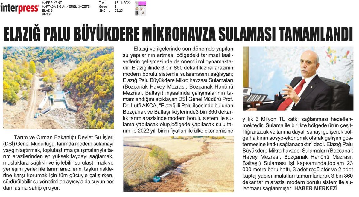 ELAZIĞ PALU BÜYÜKDERE MİKROHAVZA SULAMASI TAMAMLANDI