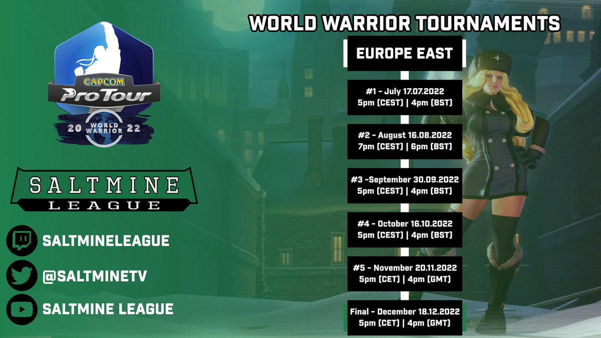 SaltmineTV's tweet image. You can now sign-up for the fifth #SFVCE #CPTWW2022 #SML "Europe East" Tournament🇧🇬🇨🇿🇬🇷🇭🇺🇵🇱🇷🇴🇸🇰🇺🇦🇭🇷🇷🇸🇧🇦🇲🇰🇲🇩🇬🇪🇦🇱🇲🇪🇽🇰
Registration will close: 20.11.2022, 12pm (CET)
Tournament starts: 20.11.2022, 5pm (CET)
Registration: start.gg/smlww2022-eue-…
Discord: discord.gg/MvNmKhX