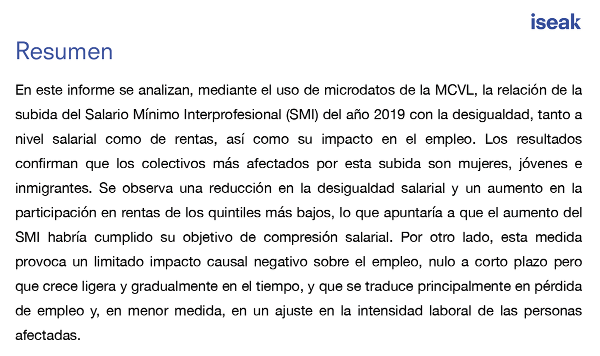 JuanLuis_JG's tweet photo. El aumento del Salario Mínimo Interprofesional en España en 2019, que afectó al 9% de los asalariados, generó:

✅ Reducción desigualdad salarial.
❌ Disminuyó el empleo en colectivos afectados.
❌ Afectó negativamente a personas >30 años y quienes disponían de jornada completa. https://t.co/5QSvJdIRYv
