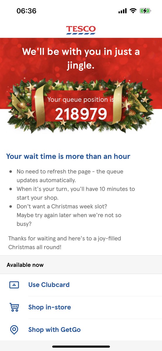 clarazim's tweet photo. @Tesco when you have been up all night with your child you manage to get some sleep but your alarm is set for your Christmas slot and the app keeps kicking you out. Joined at 6am as 160000 in the queue half an hour later after being kicked out 6 times….. https://t.co/BdNya0Z9mW