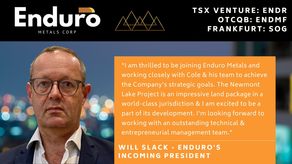 EnduroMetals's tweet photo. 📰 News Release: Enduro Announces Appointment of New President

Click to Read: https://t.co/bSbADpVXt3

🇨🇦 TSX Venture: $ENDR
🇺🇸 OTCQB: $ENDMF
🇩🇪 Frankfurt: $SOG

#goldentriangle #mintwit #mining #mineralexploration #newmontlake #gold #copper #silver https://t.co/39dJ8KoTpj