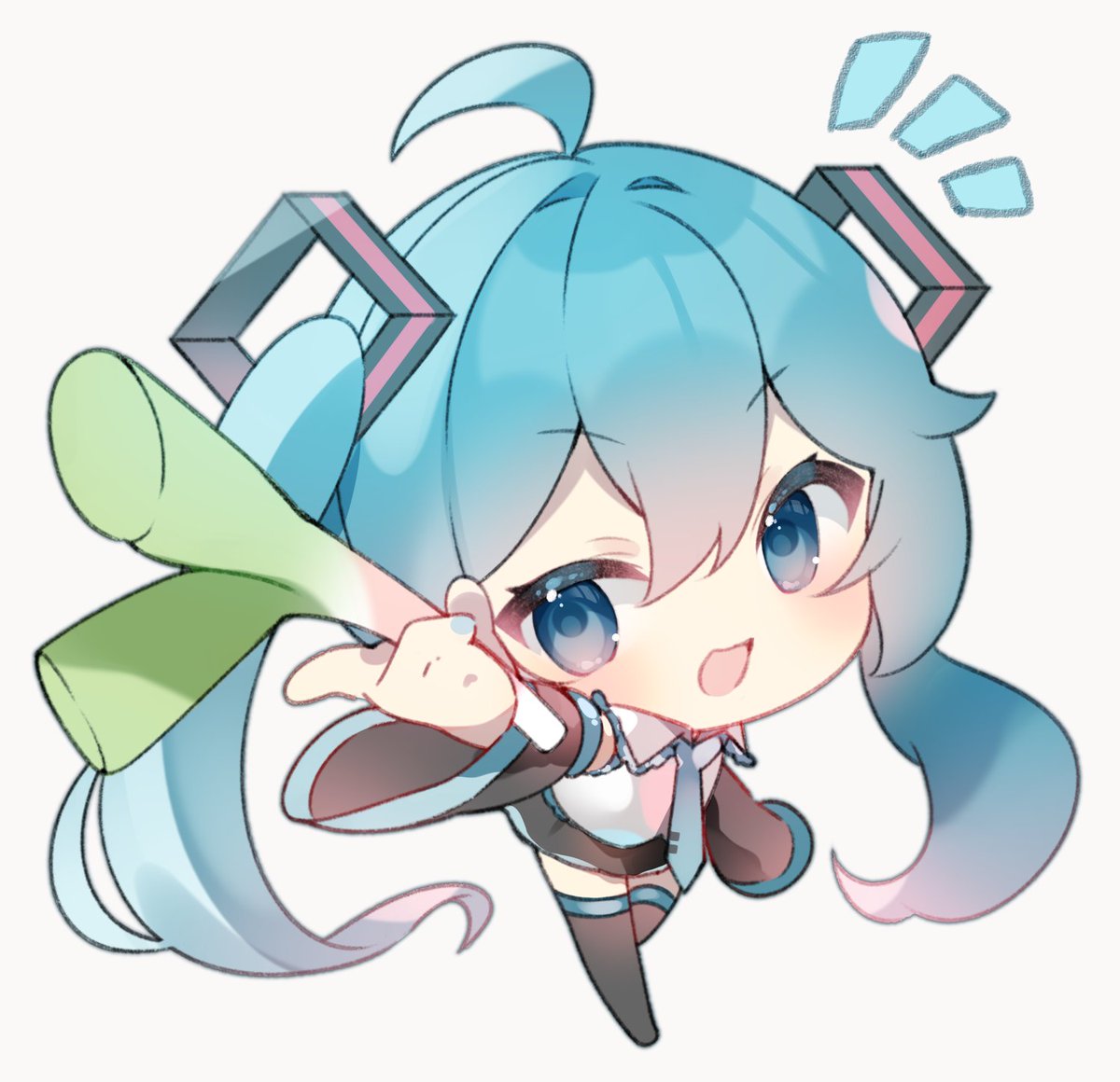 hatsune miku 1girl solo holding vegetable twintails skirt chibi long hair  illustration images