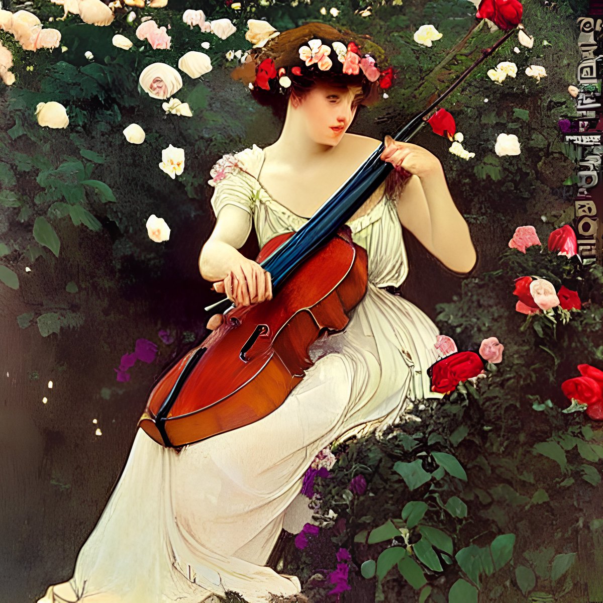 CREAIT_OFFICIAL's tweet photo. A beautiful painting of a lady playing a cello in a garden with roses, music, by Alphonse Mucha
 #painting #lady #cello #garden #roses #music #Alphonse_Mucha #aiart #aigeneratedart https://t.co/6r2Eq5LD9X