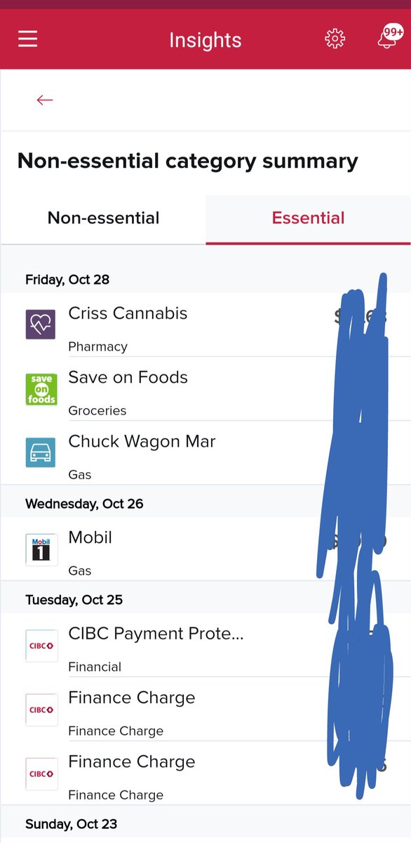 MelCuttler's tweet photo. @cibc love the prioritization in my personalized insights. 

Non-essential: food, food, food and concert tickets...

Essential: WEED, GAS, AND FEES 👏🤙😅 https://t.co/QVwvDQeDNp
