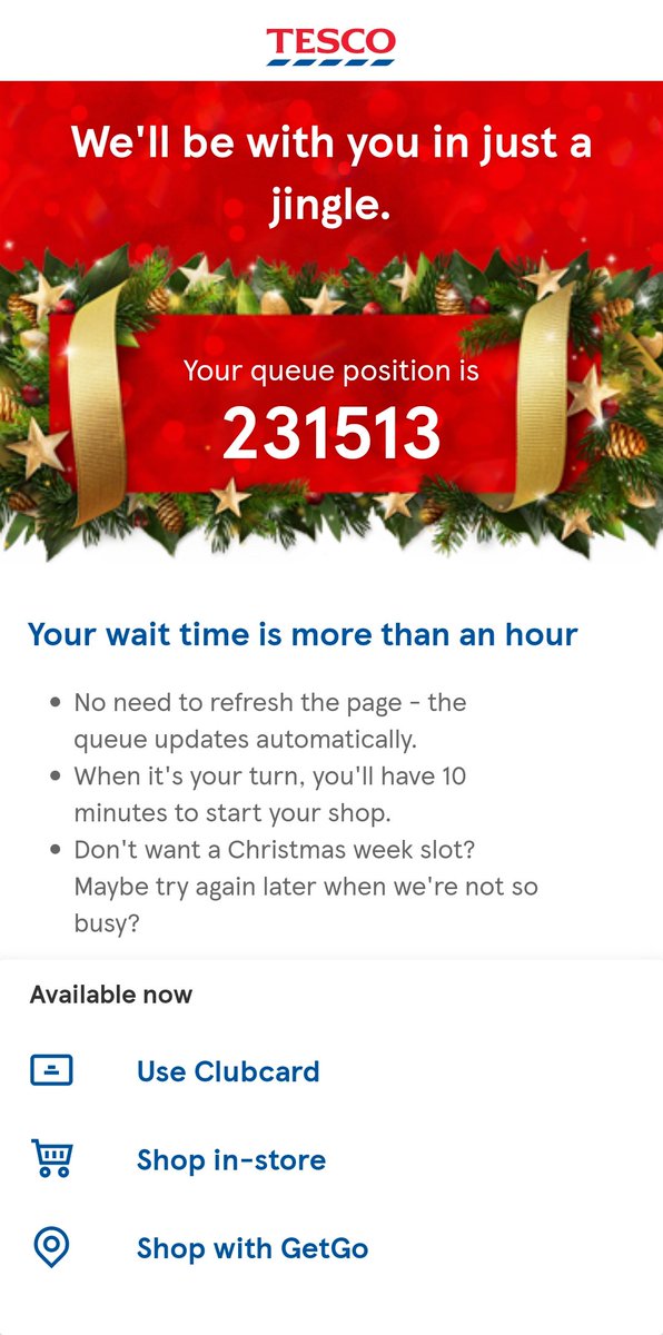 gemlouisedrew's tweet photo. Ahhh, the good old British tradition of queuing. We do it so well 🥰
But seriously Brenda, you don't need to decide how many christmas crackers to buy RIGHT now...stick a box of wine in your basket and move the fuck along... 🤣
#tesco #deliveryslot #christmas2022 https://t.co/3OJEsibES4