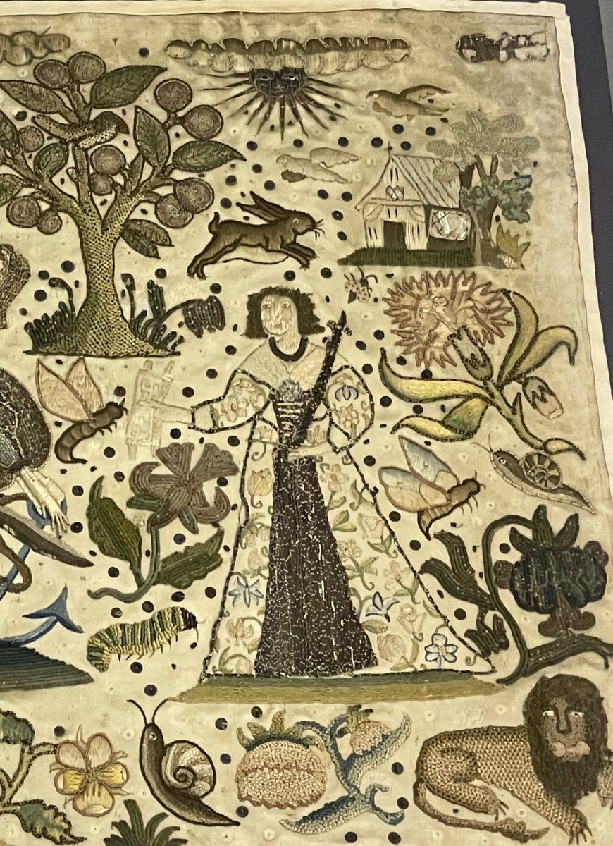 RAGriggsauthor's tweet photo. Close up look at part of a 1651 needlework panel worked in silk and chenille. This is “Faith” Follow the thread to see “Hope” and “Charity” @RAMMuseum Some endearing creatures too! #TextileTuesday #embroidery https://t.co/7QN72WFMdb