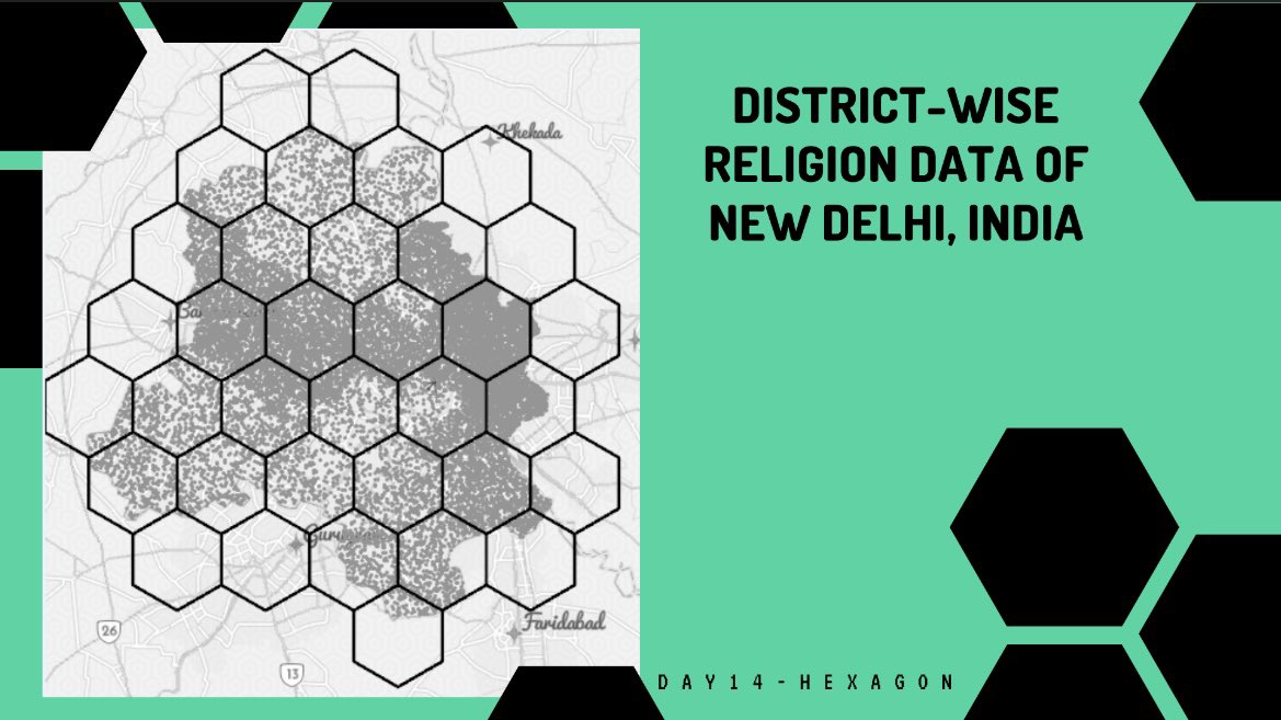 TanuGururani's tweet photo. Day 14 of #30DayMapChallenge - Hexagon! 

The map shows a tessellated grid covering the entire extent of New Delhi, with dot density symbology used to show population data. 

Data Used: @EsriIndia @ArcGISOnline 
Tools Used: @ArcGISPro @canva https://t.co/gjGpNeljCT