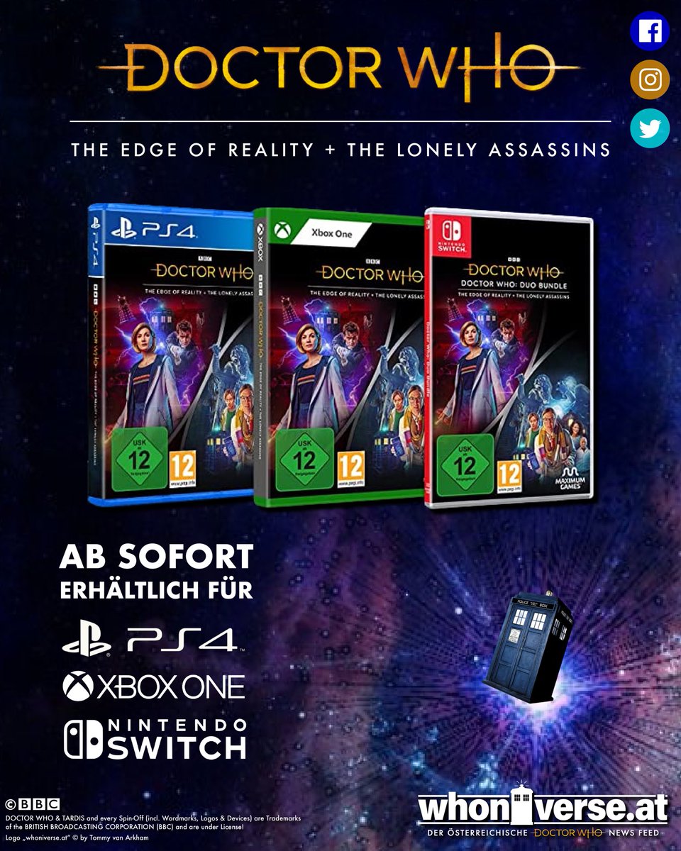 whoniverse_at's tweet photo. #OutNow
Doctor Who: #TheEdgeOfReality & #TheLonelyAssassins im Doppelpapck!
AB SOFORT für #Playstation4 | #XBoxOne | #NintendoSwitch ERHÄLTLICH!!
#whoniverse_at #DoctorWho #TARDIS #TimeLord #BBC #NewWho
#AustrianDoctorWhoNewsFeed #WhoviansOfAustria https://t.co/6qSYe86oU0