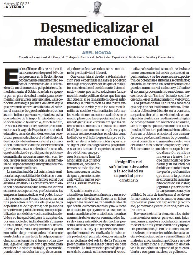 “Desmedicalizar el malestar emocional” imprescindible texto de <a href="/AbelNovoa/">Abel Novoa</a>
