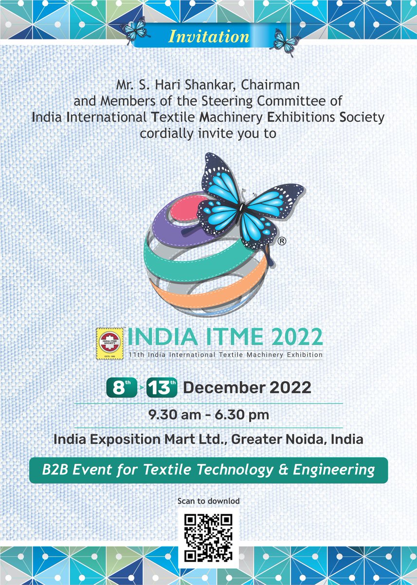 #TMMA invites all stakeholders in the Textile Engineering Industry for #India-ITM2022 at Greater Noida from December 8-13, 2022. 

Please visit itme2022.india-itme.com for more information.
