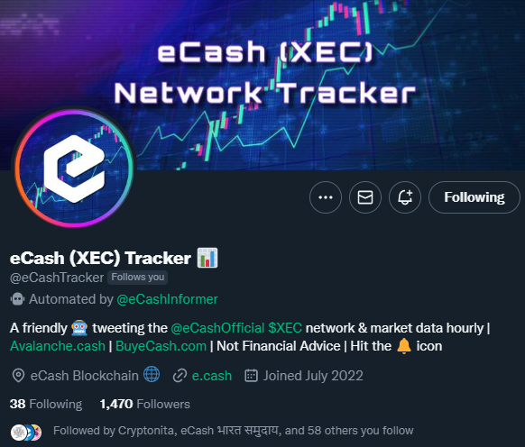 eCashInformer's tweet photo. The @eCashTracker 🤖 is about to hit 1.5K followers! 😍😍

Thanks #eCashArmy! 🙏

#XECbot #eCash $XEC #Crypto https://t.co/Q9OK3kZS60