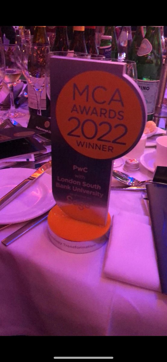 Delighted to share that <a href="/PwC_UK/">PwC UK</a> and <a href="/LSBU/">London South Bank University - LSBU</a> have won the Technology Transformation award @TheMCA_UK. I’m so proud of the PwC team involved &amp; a huge congratulations to the brilliant team at LSBU for everything they have achieved &amp; continue to deliver for their staff &amp; students