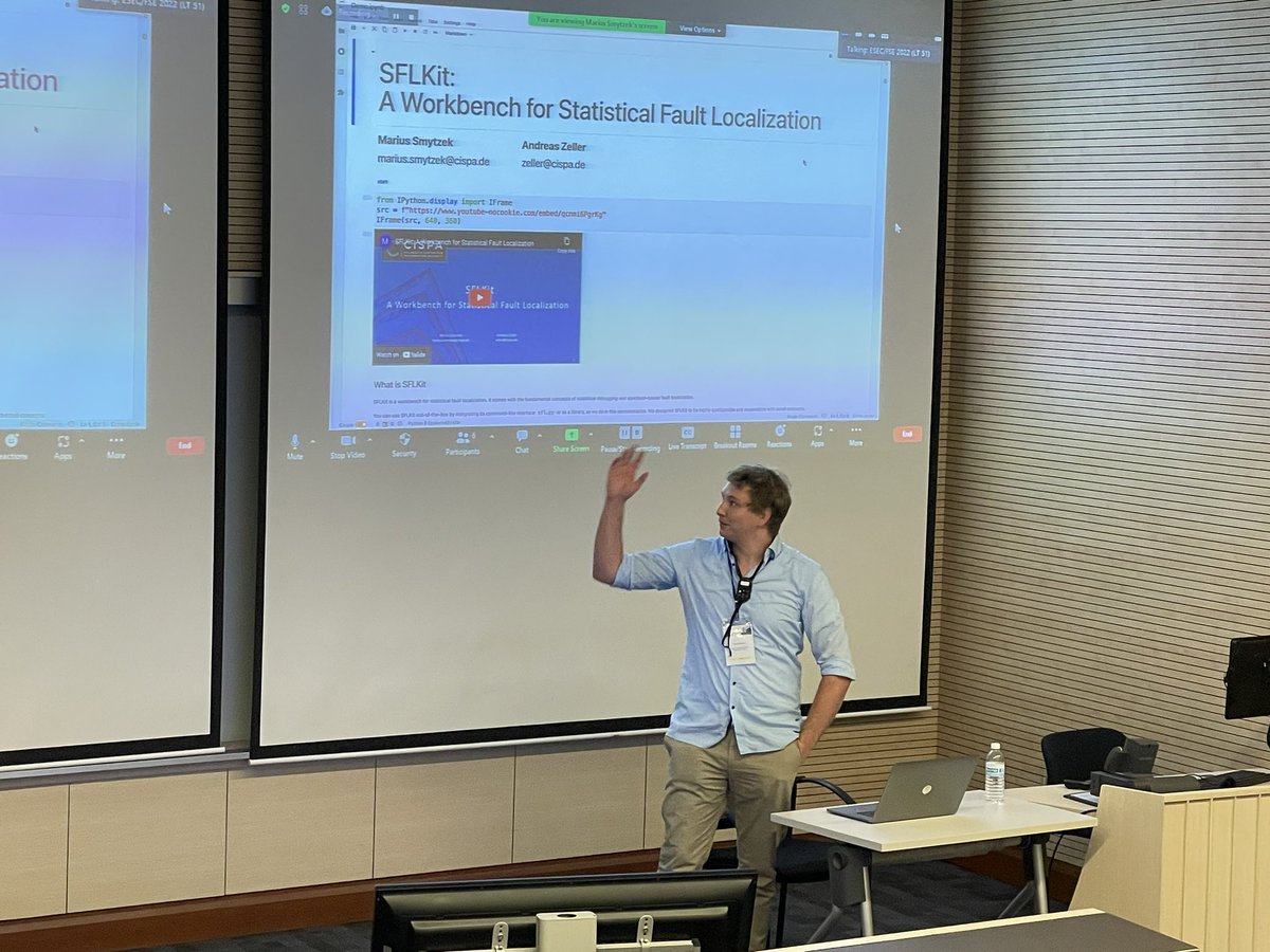 AndreasZeller's tweet photo. Here‘s @MSmytzek demonstrating his #SFLKit integrating dozens of faults localization techniques in a single library. https://t.co/f48gPt1kYq