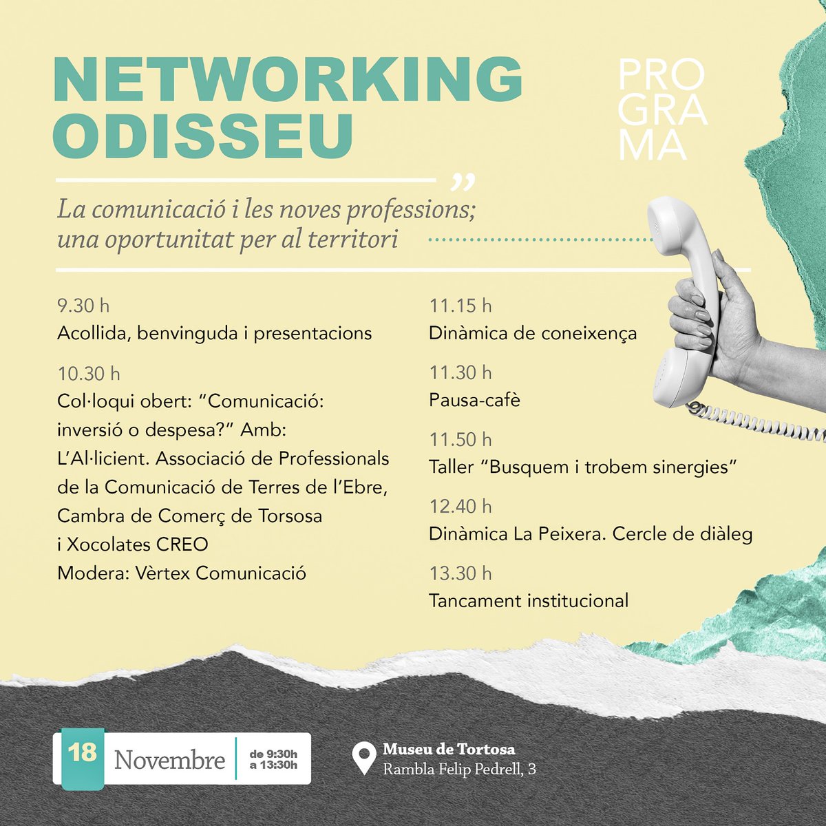 ateneucoopte's tweet photo. 📢NOVA UBICACIÓ del @Pro_Odisseu
Ens trobem divendres per parlar de #comunicació , #novesprofessions i #FEINA al @MuseudeTortosa a les 9'30 h
Us podeu inscriure 👉https://t.co/YOSGQBz6NS https://t.co/2z6J8HSti9