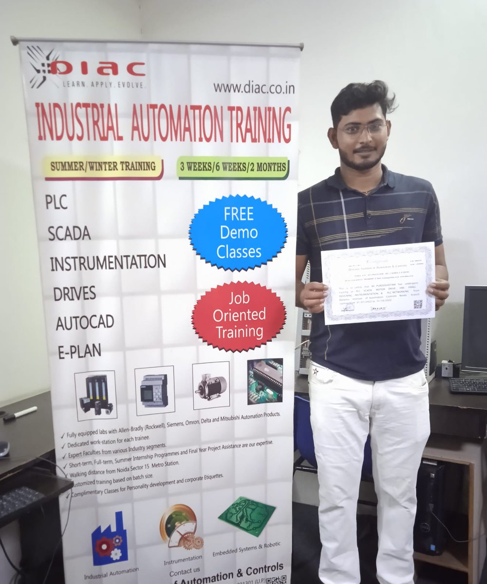 DiacTraining's tweet photo. Congratulations Purooshotam for successfully completion of 6 Months Industrial Training Course.
Free Demo Class: https://t.co/1AuXGBagmN
Mobile: +91-9953489987, 91-9711287737
Email: training@diac.co.in
Website: https://t.co/U7krXCwiyL
#automation #plcscada #training #course https://t.co/jF0zTWK7jx