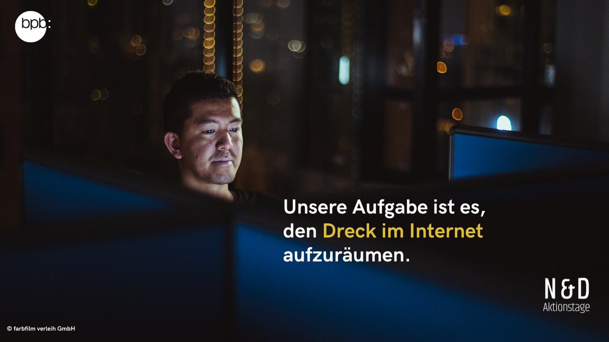 Der Dokumentarfilm "The Cleaners" zeigt die Arbeit von Content Moderator/-innen, die im Sekundentakt über das Löschen oder Veröffentlichen entscheiden. Und wie Soziale Netzwerke #FakeNews und #Hass verstärken. Kostenlos in unserer Mediathek: bpb.de/273199 #AtNetPol