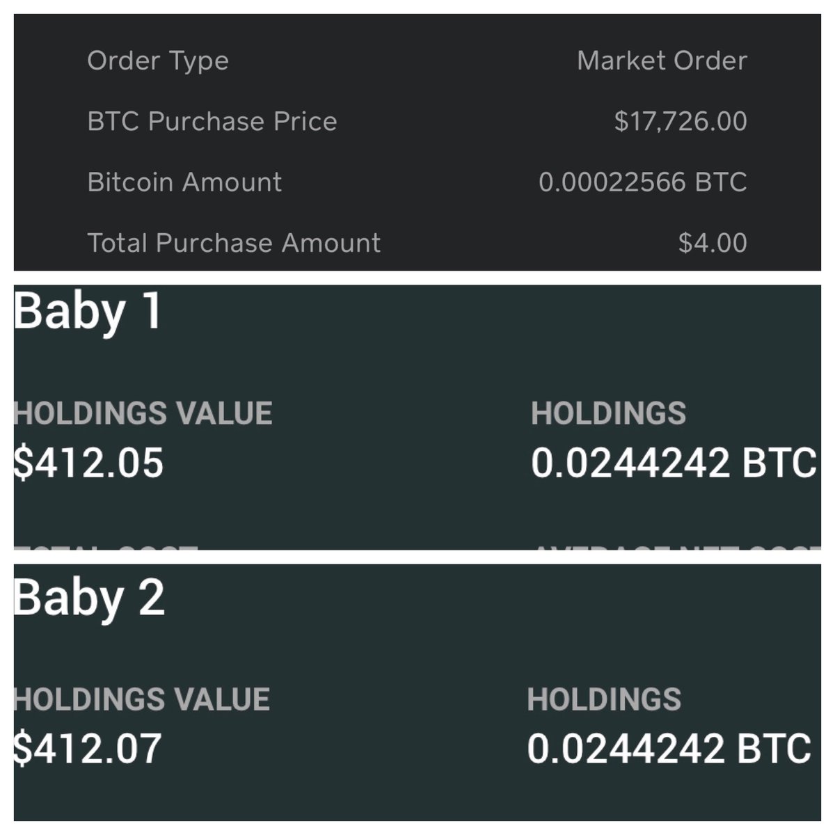 BitcoinDadBTC's tweet image. Day 526
Purchase price: $17,726.00
Amount received: 22,566Sats
Each baby will get: 11,283Sats ($2.00)

New balance: $412.05/2,442,420Sats
#Bitcoin #BitcoinDad #Stacksats #Dailysats #Sats #DCA #BTC #Roadto3Million #cashapp