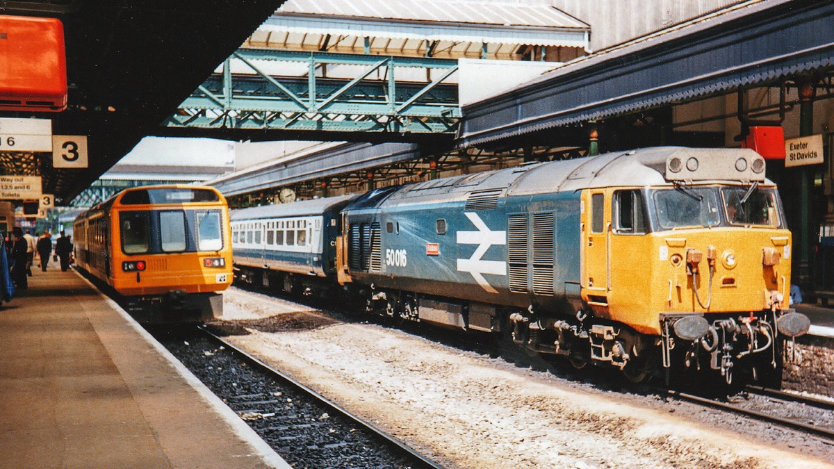 Class 50, 50016 "Barham" having arrived at Exeter St Davids with the 09:10 Waterloo to Exeter St Davids on the 29th May 1986.