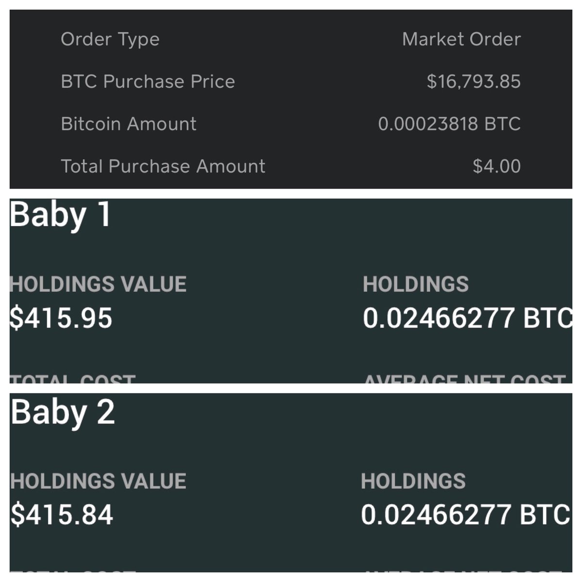BitcoinDadBTC's tweet image. Day 528
Purchase price: $16,793.85
Amount received: 23,818Sats
Each baby will get: 11,909Sats ($2.00)

New balance: $415.95/2,466,277Sats
#Bitcoin #BitcoinDad #Stacksats #Dailysats #Sats #DCA #BTC #Roadto3Million #cashapp