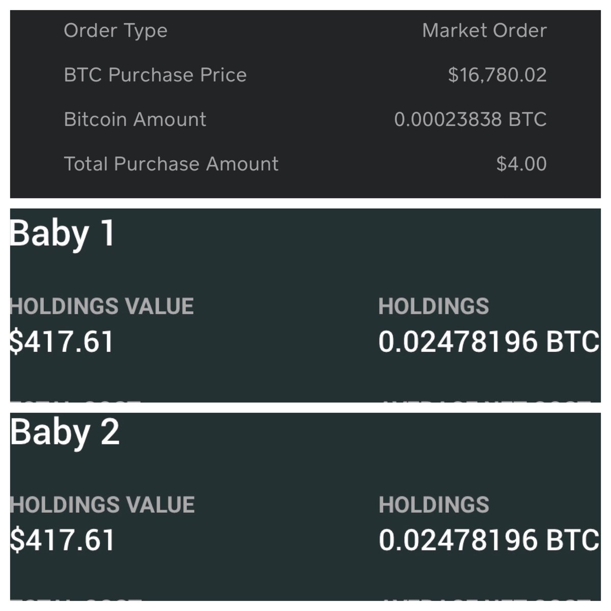 BitcoinDadBTC's tweet image. Day 529
Purchase price: $16,780.02
Amount received: 23,838Sats
Each baby will get: 11,919Sats ($2.00)

New balance: $417.61/2,478,196Sats
#Bitcoin #BitcoinDad #Stacksats #Dailysats #Sats #DCA #BTC #Roadto3Million #cashapp