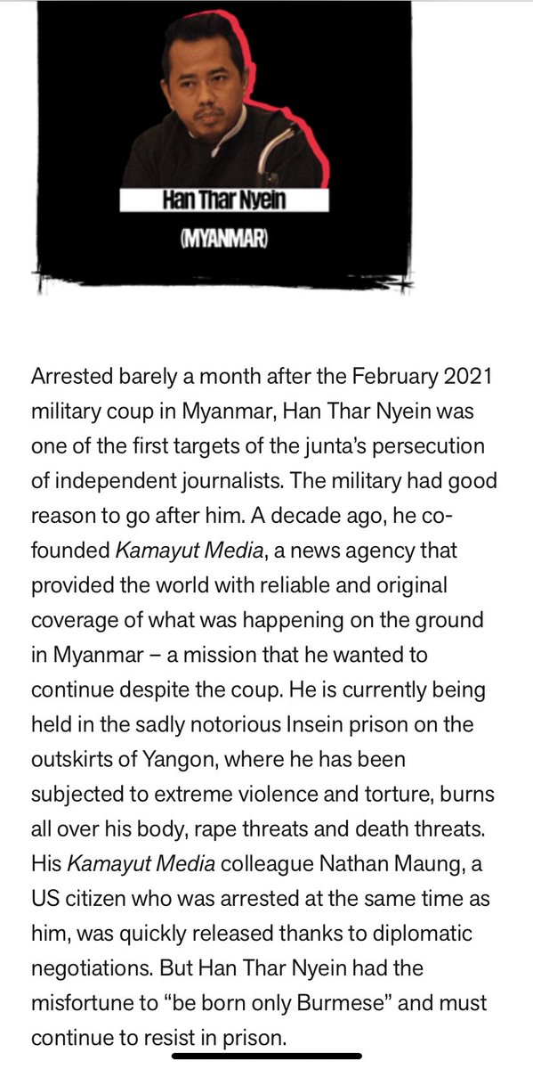 ahnahpodcast's tweet photo. Journalist Han Thar Nyein has been nominated for @RSF_en Prize for Courage. He is currently still being unlawfully detained in Insein Prison.
#WhatsHappeninglnMyanmar
#FreedomForHanThar https://t.co/Dp6eHM30Rx
