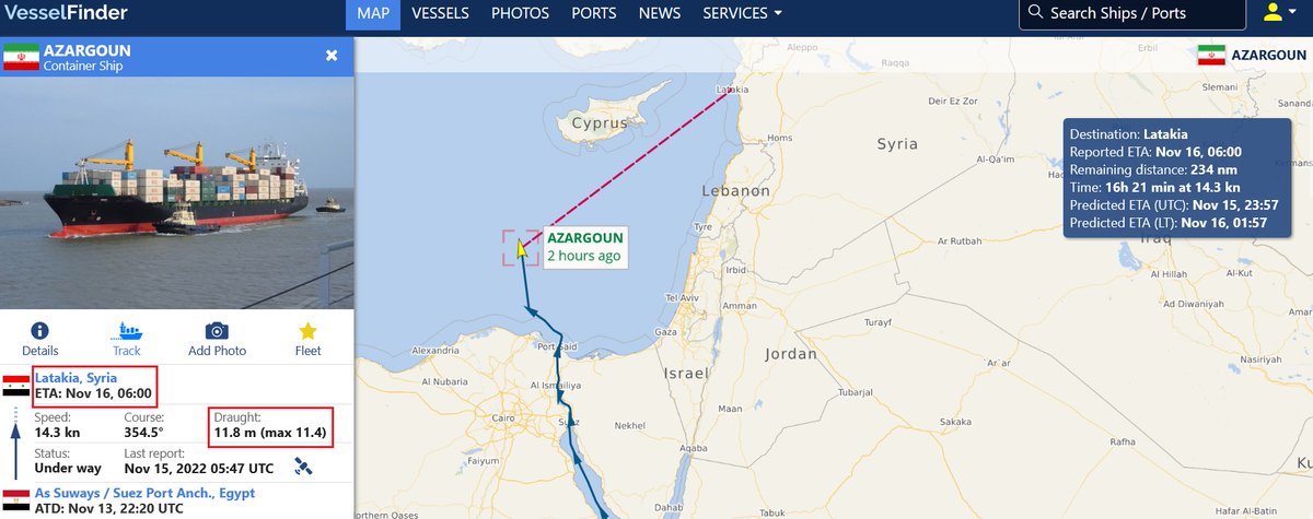 Istihbarat1800L's tweet photo. #AZARGOUN-Container Ship, #IMO9283019
I've been following her since the day she was loaded. Now it's official, this Vessel Of Interest is heading towards Latakia,Syria. 
11.8m[Laden status].
Reg:MOSAKHAR DARYA SHIPPING CO 
RAHBARAN OMID DARYA SHIP MGMT
Blacklisted by @USTreasury https://t.co/U3xmwzSWUe