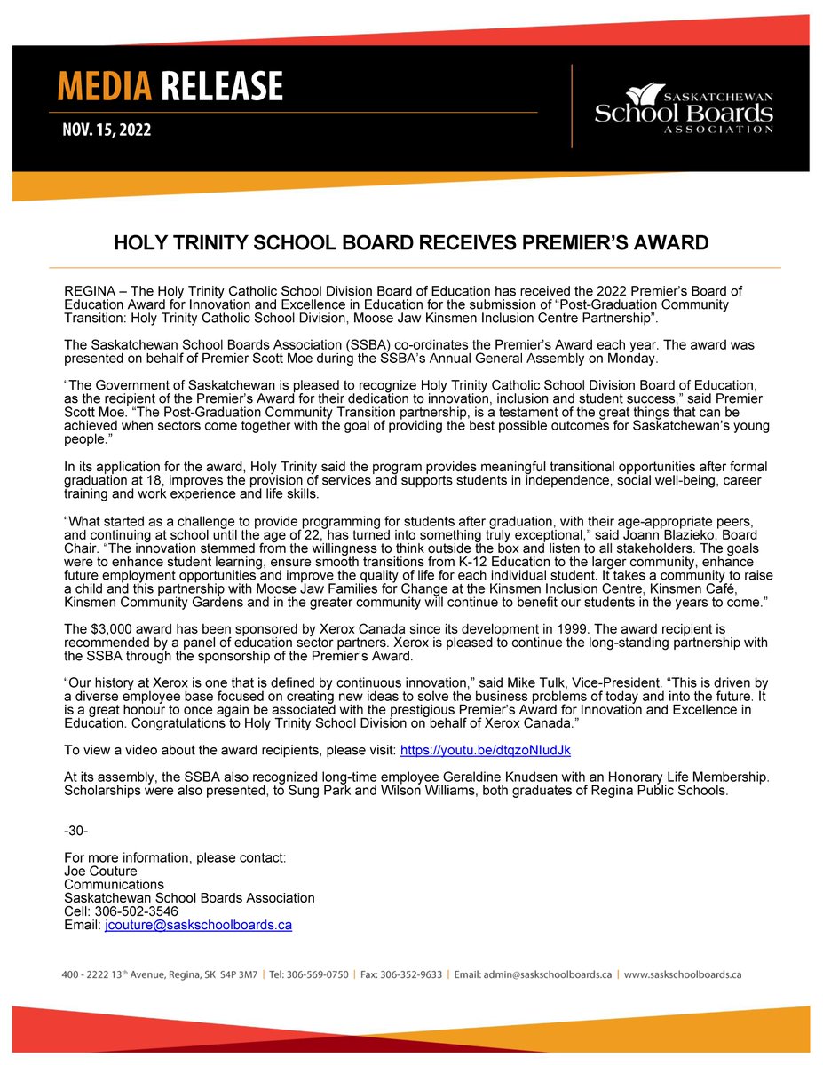 SaskSchoolBoard's tweet photo. News Release: Holy Trinity School Board Receives Premier’s Award https://t.co/iK1YqiQkOY #ssba2022 https://t.co/MY5ebT2b8i