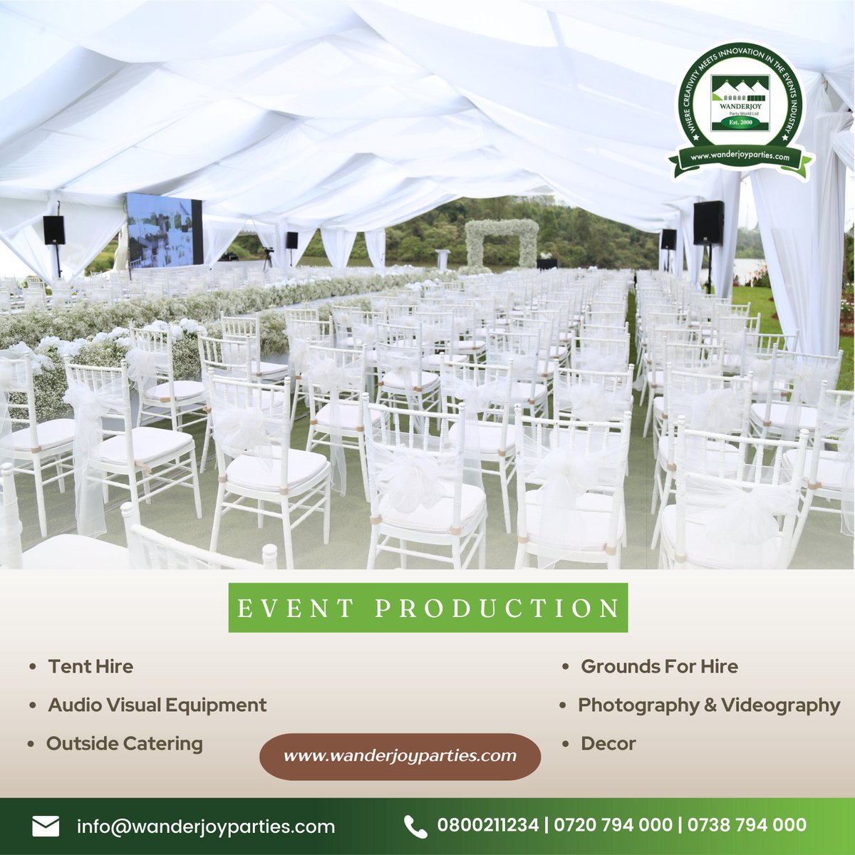wanderjoy_ltd's tweet photo. Creating memorable experiences✨ 
We offer event services including Tent Hire, Tables $ Chairs, AudioVisual, Catering, Décor.

Plan your wedding with us and get a bouncing castle for free
For booking of our services, call 0720794000.

#wanderjoypartyworldltd #eventplanner #events https://t.co/3hSx80uAek