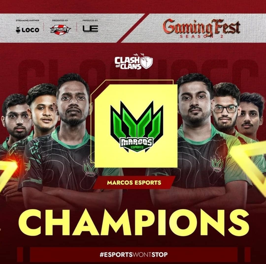 [Clash Of Clans]
Gaming Fest Season 2

🏆 Champions: Marcos Esports

They win by defeating Marcos Gaming.