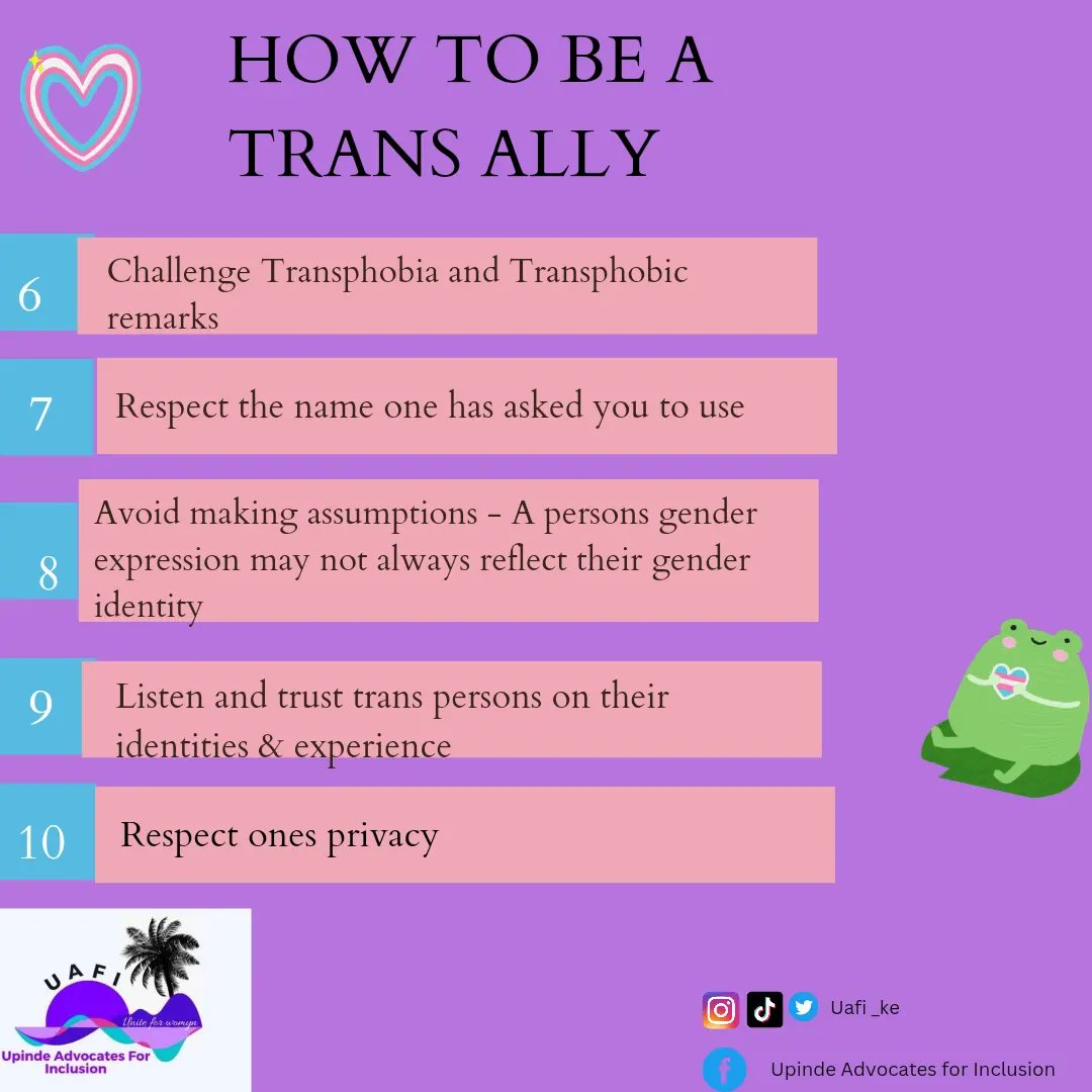 uafi_ke's tweet photo. An ally is someone who supports and advocates for equal treatment of a community other than their own .
Ally is not a label you can give yourself ,it is something that you have to continually work towards .
#transawarenessmonth
#transawarnessweek
#allyship https://t.co/ztrKvplpeU