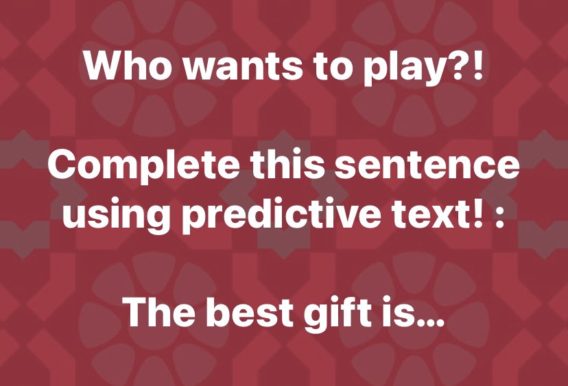 diellemusicuk's tweet image. Love this game - reply to this tweet ‘the best gift is…’ and let predictive text do the rest until it makes sense, at least grammatically 😂 Play away 👇 #predictivetext #game #predictivetextgame #predictivetextfail #songtitlesgame #songtitles #singersongwriter #singer #guitar