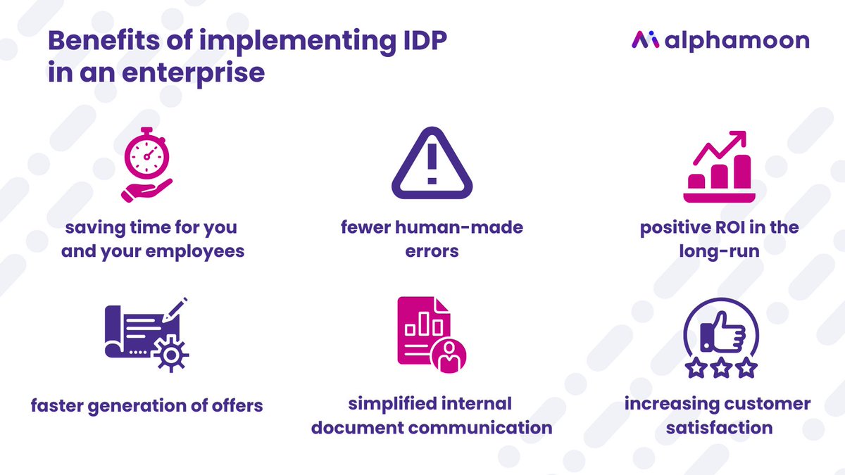 Time savings for you and your employees, increased customer satisfaction, and a positive #ROI in the long run. 💸 

Sounds like a plan?

Check out all of the document-related areas where #AI can bring positive change✅

alphamoon.ai/what-is-idp-in…

#idp #intelligentdocumentprocessing