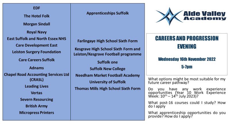 Please come to our fantastic careers and progression evening. Wednesday 16 November 5-7, put on by Mr Smith. Come and talk to a huge range of post 16 providers
